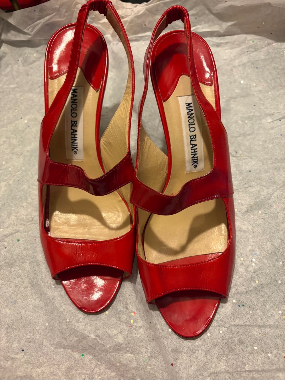Manolo Blahnik Red Patent Leather Slingback Heels - Picture 6 of 7